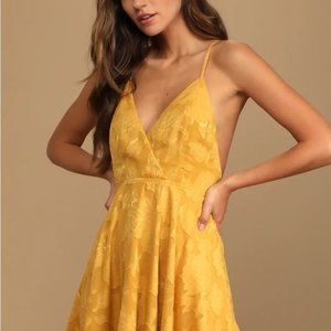 Lulus Days of Beauty floral mustard burnout mini skater dress